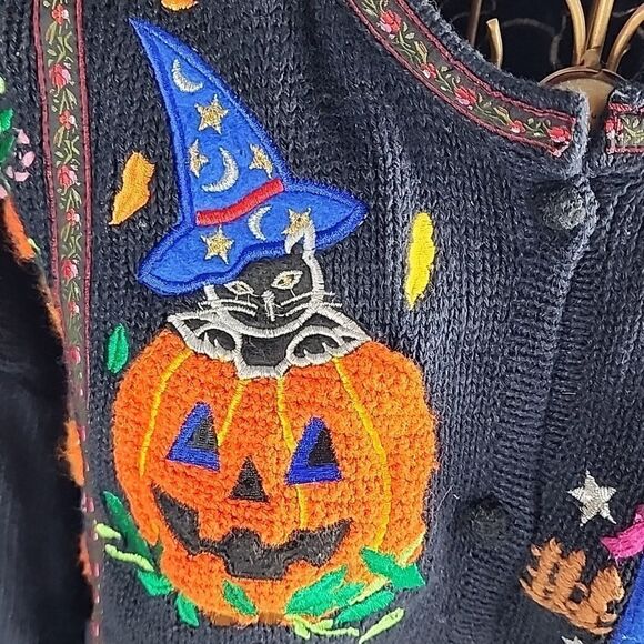 Vintage Halloween Boo Size L Knit Embroidered Cardigan Sweater - Picture 10 of 16